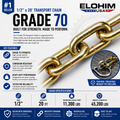 1/2" x 20' Grade 70 Transport Chain with Clevis Grab Hook | Elohim USA