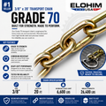 3/8" x 20' Grade 70 Transport Chain with Clevis Grab Hook | Elohim USA
