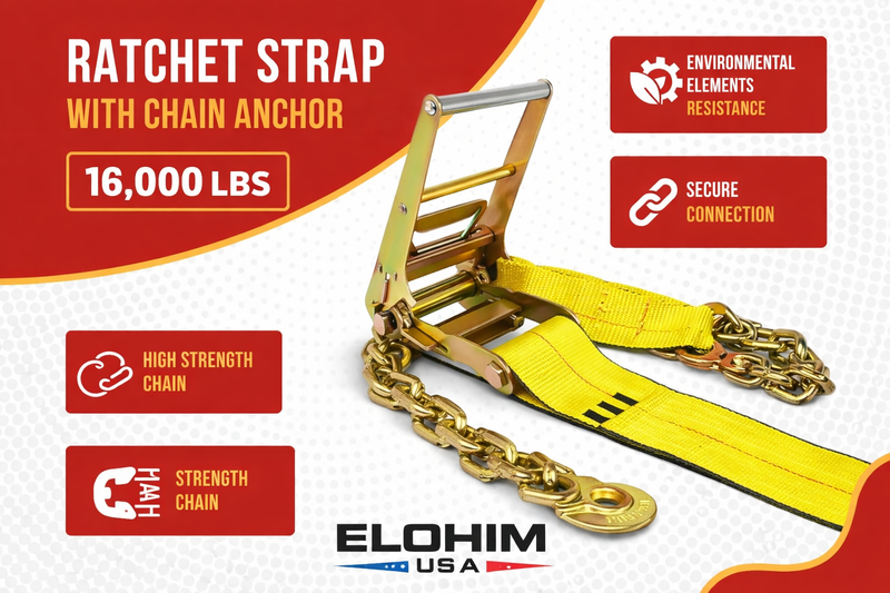 4" x 30' Ratchet Strap with Chain Anchor 16,000 LBS