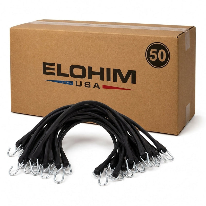 Heavy-Duty Rubber Bungee Cords with Steel Hooks | 15" 21" 31" 41" | Pack of 50 | 50 | 15" | Elohim USA